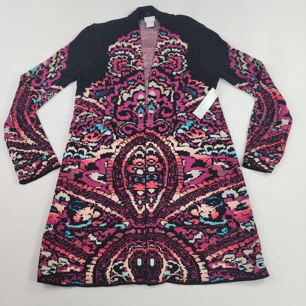 Chico's Cardigan Jacket Sweater Womens 0 US S Small Black Pink Paisley 570332601